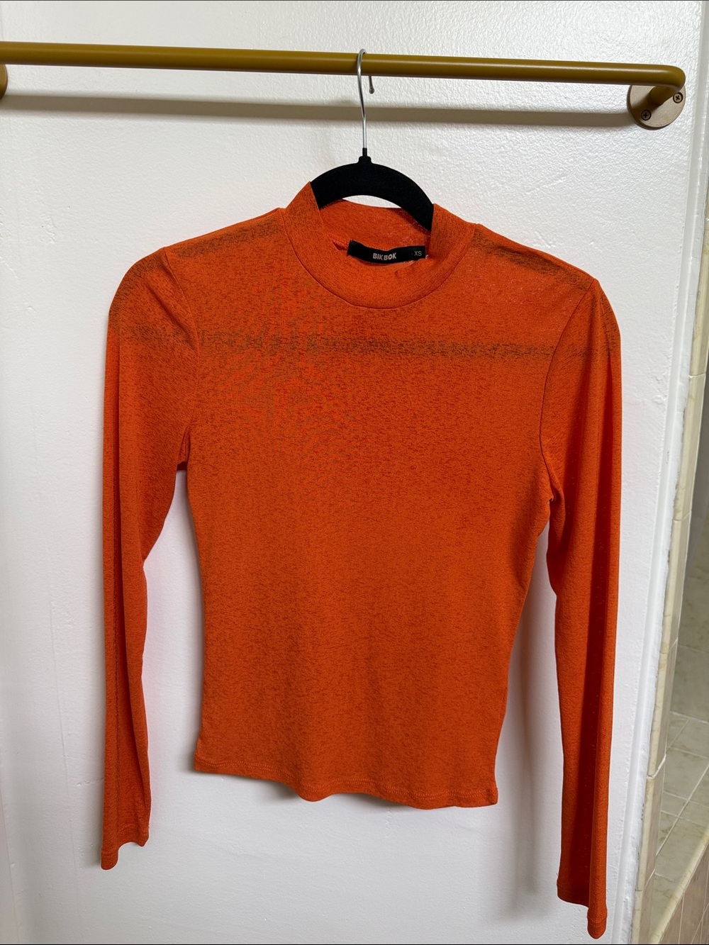 Nordic Vintage Sheer Orange Long-Sleeve Mock Neck Top